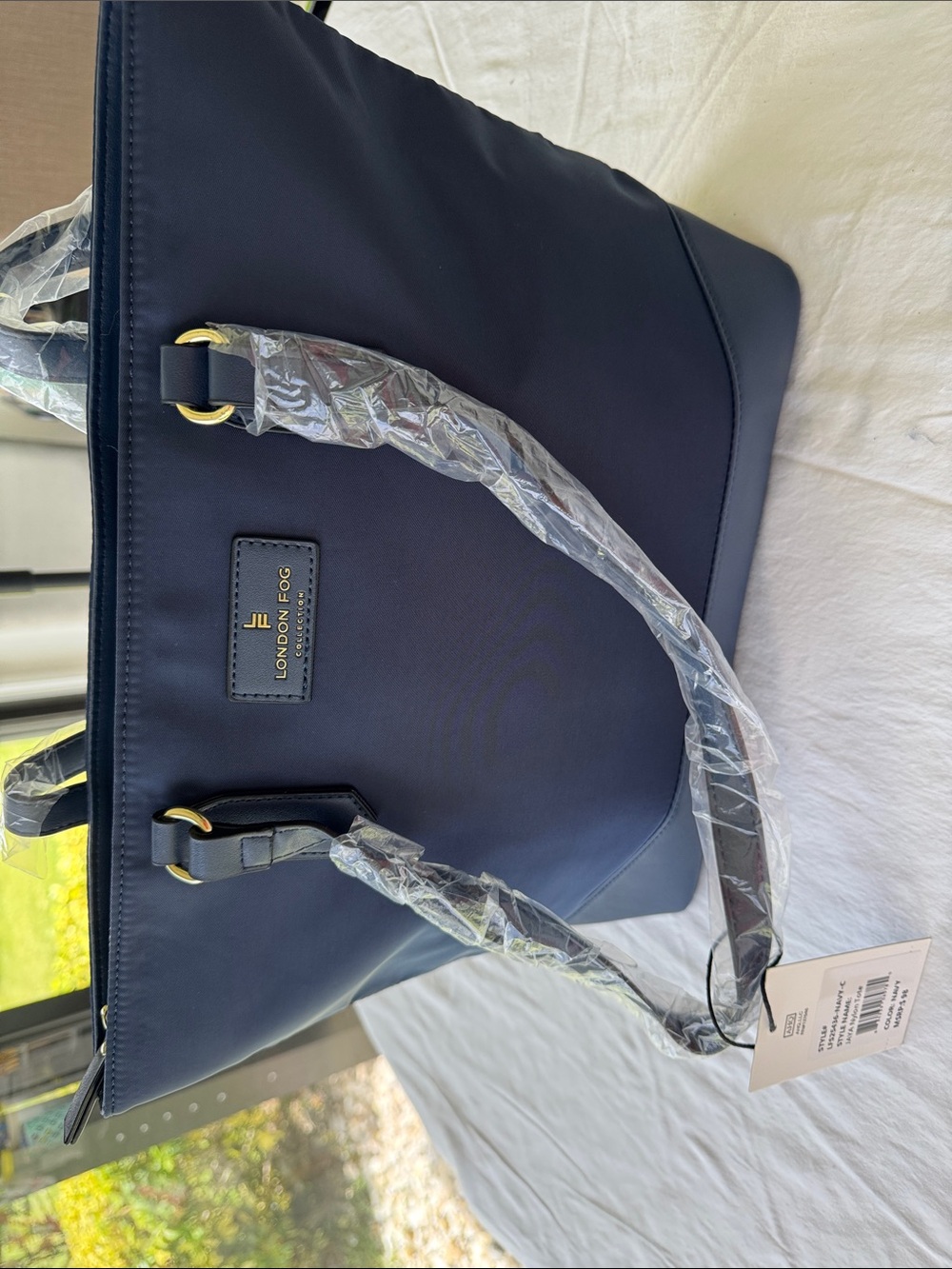 London Fog Navy Nylon Tote with Gold size 11”x11”x5” handle 9”